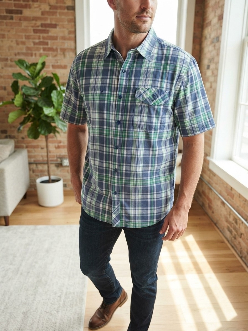 Mountain Hardwear Men's Short-Sleeve Blue & Green Plaid Button-Down Shirt Size L